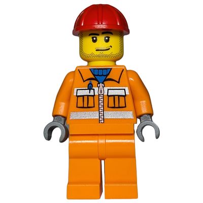 Construction Worker, Orange Jacket with Zipper and Reflective Stripes, Red Hard Hat, Stubble