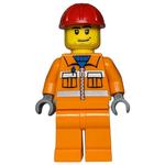 Construction Worker, Orange Jacket with Zipper and Reflective Stripes, Red Hard Hat, Stubble