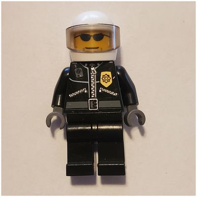 Policeman, Black Jacket with Zipper, Radio, and Badge, White Helmet and Visor, Sunglasses