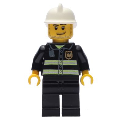 Fireman with Reflective Stripes and Radio, White Fire Helmet, and Beard Stubble