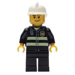Fireman with Reflective Stripes and Radio, White Fire Helmet, and Beard Stubble