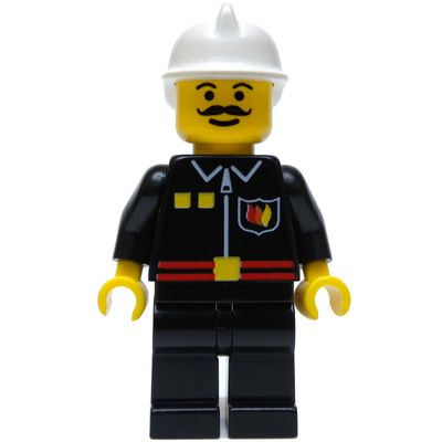 Fireman, Black Fire Jacket with Red Belt and Badge, White Helmet, Moustache