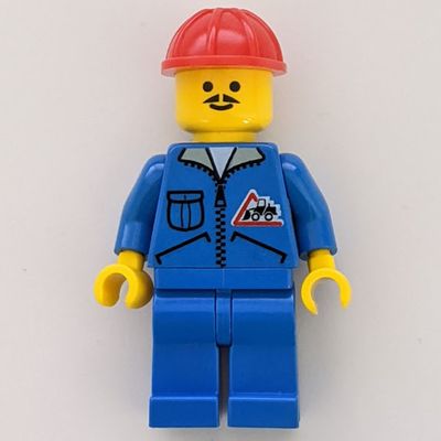 Construction Worker, Blue Jacket with Zipper and Bulldozer Badge, Blue Legs, Red Hard Hat