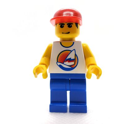 Man, White Tank Top with Windsurfer, Blue Legs, Red Cap