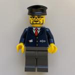Train Worker, Blue Jacket with Train Logo, Black Hat, Beard and Glasses