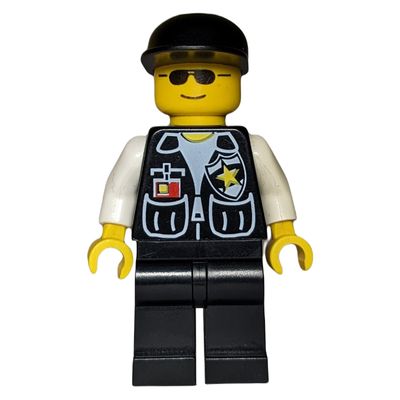 Policeman, Black Vest with Badge and Pockets, Black Cap, Sunglasses