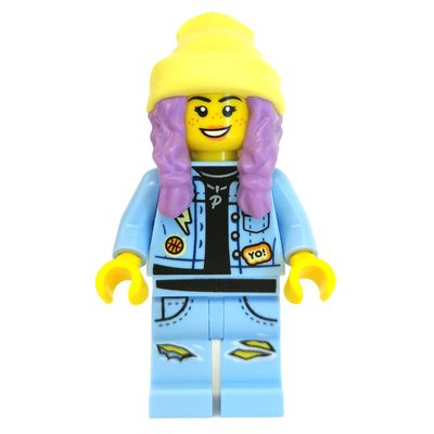 Parker L. Jackson, Bright Light Blue Denim Jacket, Bright Light Yellow Beanie Hat, Medium Lavender Hair