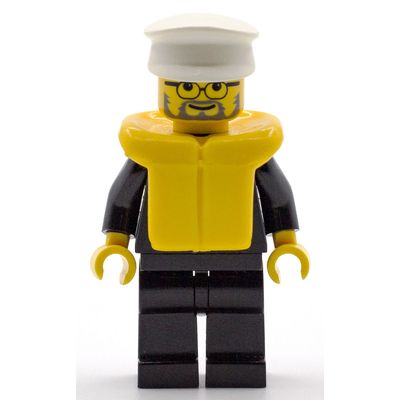 Policeman, Black Suit with Badge, White Hat, Life Vest, Glasses