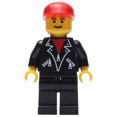 Man, Open Black Jacket over Red Shirt, Black Legs, Red Cap