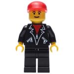 Man, Open Black Jacket over Red Shirt, Black Legs, Red Cap