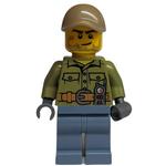 Volcano Explorer, Man, Olive Green Shirt, Sand Blue Legs, Dark Tan Cap, Stubble