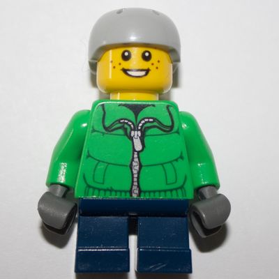 Boy, Green Jacket, Short Dark Blue Legs, Light Bluish Gray Helmet