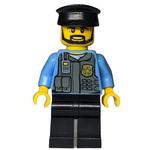 Policeman, Vest with Gold Badge, Radio, and Pockets. Black Hat, Beard