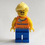 Woman, Orange Halter Top with Flowers, Blue Legs, Bright Light Yellow Hair, Glasses