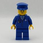 Pilot, Blue Jacket with Plane Logo and Blue Tie, Blue Legs, Blue Hat, Smile, Reddish Brown Eyebrows