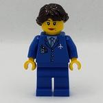 Pilot, Woman, Blue Jacket with Plane Logo and Blue Tie, Blue Legs, Dark Brown Hair