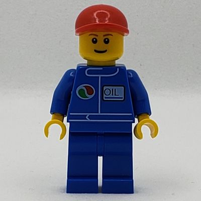 Mechanic, Blue Jumpsuit with Octan Logo, Red Cap, Smile, Reddish Brown Eyebrows