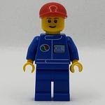 Mechanic, Blue Jumpsuit with Octan Logo, Red Cap, Smile, Reddish Brown Eyebrows