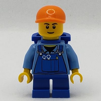 Boy, Blue Overalls, Short Blue Legs, Orange Cap, Reddish Brown Eyebrows
