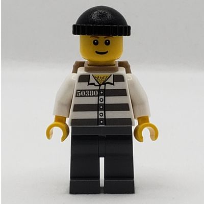 Criminal, Prison Shirt with #50380, Dark Bluish Gray Legs, Black Hat and Dark Tan Back Pack (3626bpr0387 Head)