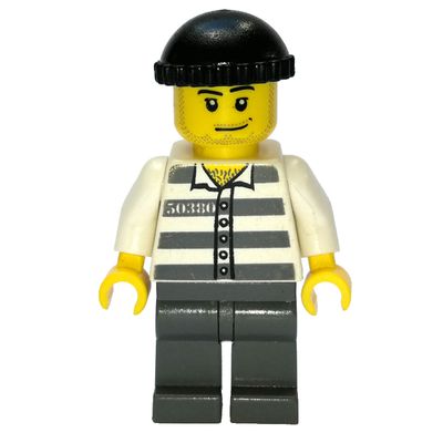 Criminal, Prison Shirt with #50380, Dark Bluish Gray Legs, Black Hat, Stubble