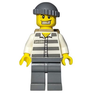 Criminal, Prison Shirt with #50380, Dark Bluish Gray Legs, Dark Bluish Gray Hat, Dark Tan Backpack, Gold Tooth