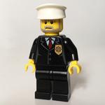 Policeman, Black Suit with Badge, White Hat, Gray Beard