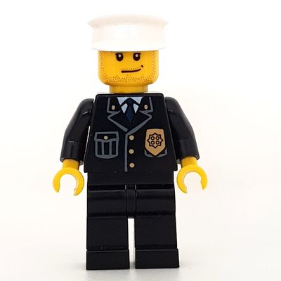 Policeman, Black Suit with Badge, White Hat, Stubble