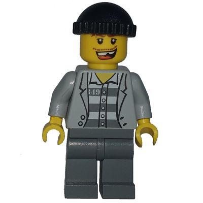 Criminal, Open Light Bluish Gray Jacket over Prison Shirt, Dark Bluish Gray Legs, Black Hat, Missing Tooth (3626b Head)