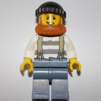 Criminal, Prison Shirt with Suspenders, Black Hat, Dark Orange Beard