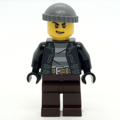 Criminal, Open Black Jacket over Prison Shirt, Dark Brown Legs, Dark Bluish Gray Hat