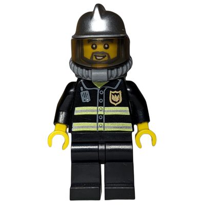 Fireman, Black Fire Jacket with Radio and Badge, Silver Helmet with Visor, Airtanks, Breathing Apparatus, Beard