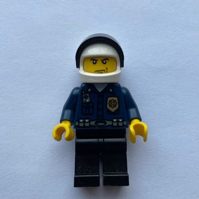 Policeman, Dark Blue Shirt with Radio and Badge, Black Legs, White Helmet with Visor