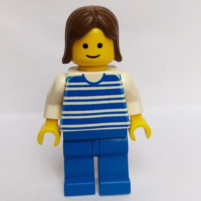 Woman, Blue and White Stripe Shirt, Blue Legs, Brown Hair