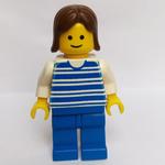 Woman, Blue and White Stripe Shirt, Blue Legs, Brown Hair