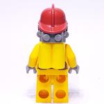 Fireman, Bright Light Orange Fire Suit, Dark Red Helmet, Breathing Apparatus, Airtanks, Sweat Drops