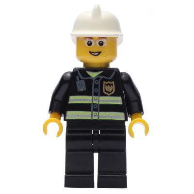 Fireman, Black Fire Jacket with Reflective Stripes, Radio, and Badge, White Helmet, Glasses