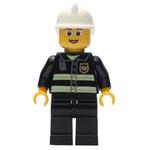 Fireman, Black Fire Jacket with Reflective Stripes, Radio, and Badge, White Helmet, Glasses