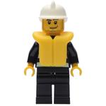 Fireman, Black Fire Jacket with Reflective Stripes, Radio, and Badge, White Helmet, Yellow Life Vest 2610, Stubble