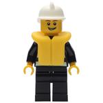 Fireman, Black Fire Jacket with Reflective Stripes, Radio, and Badge, White Helmet, Yellow Life Vest 2610, Open Mouth