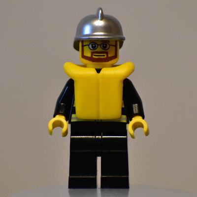 Fireman, Black Fire Jacket with Reflective Stripes, Radio, and Badge, Silver Helmet, Yellow Life Vest 2610, Beard and Glasses