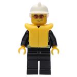 Fireman, Black Fire Jacket with Reflective Stripes, Radio, and Badge, White Helmet, Yellow Life Vest, Orange Sunglasses