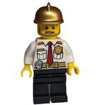 Fireman, White Shirt with Red Tie, Badge, and Radio on Belt, Gold Helmet, Beard