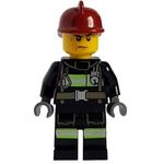 Fireman, Black Fire Suit with Gauge and Straps, Dark Red Helmet, Sweat Drops