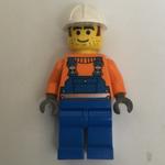Construction Worker, Blue Overalls over Orange Sweater, White Hard Hat, Printed Hair and Stubble