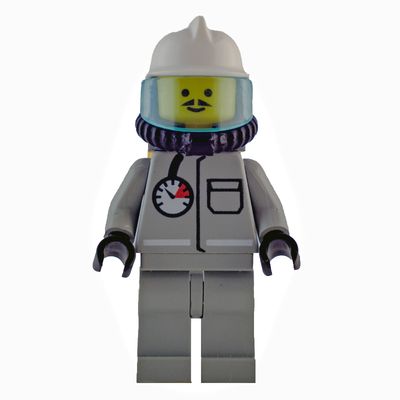 Fireman, Shirt with Gauge and Pocket, Light Gray Legs, White Helmet, Breathing Apparatus, Airtanks, Moustache