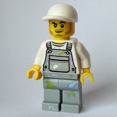 Man, Light Bluish Gray Overalls with Paint Stains, White Cap, Stubble