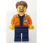 Man, Open Orange Jacket over Dark Blue Shirt, Reddish Brown Hair, Goatee Beard