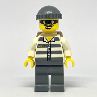 Criminal, Prison Shirt with #50380, Dark Bluish Gray Legs, Dark Bluish Gray Hat, Backpack, Black Eyemask