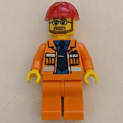 Construction Worker, Open Orange Jacket over Blue Shirt with Tie, Red Hard Hat, Beard and Glasses